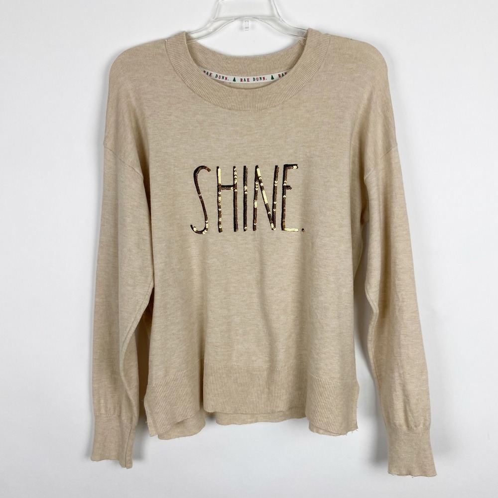 Rae Dunn Shine Sequin Sweater Womens Medium Tan Gold Holiday Crewneck